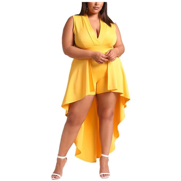 Pants - Plus Size Yellow Hi Low Ruffle Peplum Romper